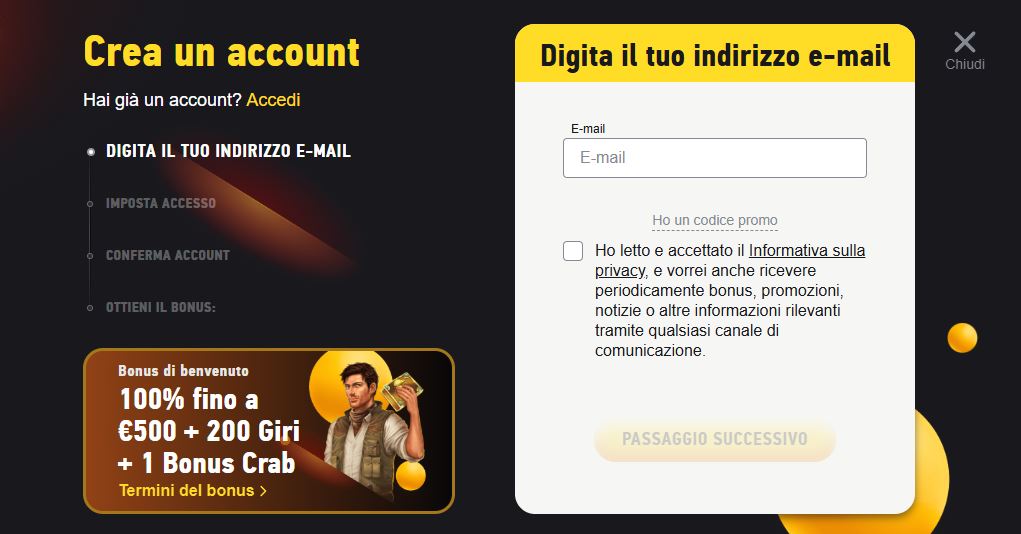Crea un account FEZbet inserendo il tuo indirizzo email